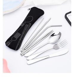 8 Pieces Travel Flatware Set, Portable Stainless Steel Utensils Set, Knife Fork Spoon Chopsticks Straw with Zipper Case