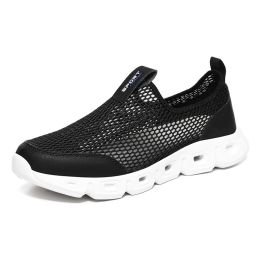 Male Slip-on Mesh Running Trainers Men Outdoor Aqua Shoes Breathable Lightweight Quick-drying Wading Water Sport Camping Sneaker (Color: black and white, size: 39)