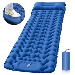 Outdoor Camping Sleeping Pad Inflatable Mattress With Pillows Ultralight Air Mat Built-in Inflator Pump For Travel Hiking (Color: Blue)