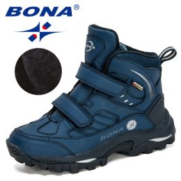 BONA 2020 New Designers Outdoor Snow Boots Boys Girls Plush Sneakers Terkking Boots Children Hiking Mountain Climbing Camping (Color: Deep blue S gray, size: 3.5)